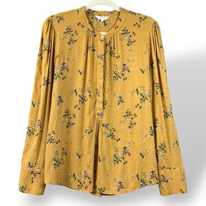 Lucky Brand Blouse Womens Sz L Yellow Floral Manderine Collar1/2 Button LS